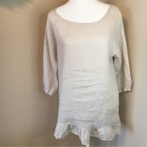 NWT Lungo L'arno Italy 100% Linen Tan Top Short Sleeve Ruffle Accent BOHO Small